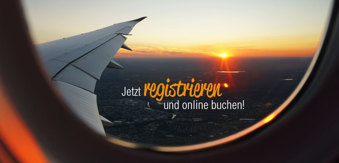 Jetzt registrieren und online Buchen in einem Bild von einer Flugzeugfenster 